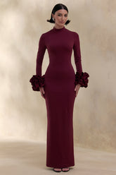 Jaselle | Dark Plum High-Neck Maxi Dress With Ruffled Satin-Cuffs