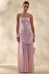 Meraly | Pink Sequin Bandeau Maxi Dress With Scarf-Detail
