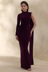 Oliria | Dark Plum High-Neck Maxi Dress With One-Long Sleeve And Sash-Detail
