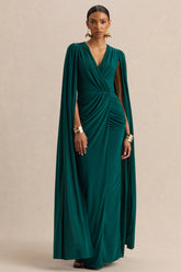 Ulissia | Bottle Green V-Neck Maxi Dress With Cape-Sleeves