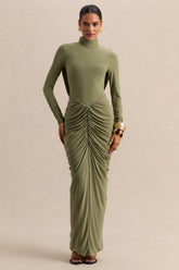 Harmona | Olive High-Neck Maxi Dress With Gathered And Draped-Detailing