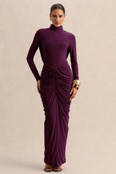 Harmona | Dark Plum High-Neck Maxi Dress With Gathered And Draped-Detailing