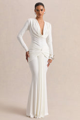 Palerma | White Draped Cowl-Neck Maxi-Dress With Gathered-Detailing