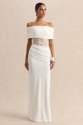 Forsya | White Bardot-Neck Maxi Dress With Lace-Detailing