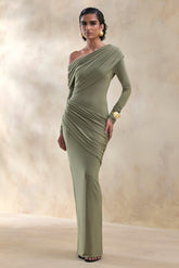 Rosirene | Olive Asymmetric-Neck Maxi Dress With Draped-Detailing