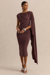 Kamoria | Brown Round-Neck Midi Dress With Cape-Sleeve