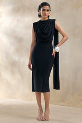 Lysandria | Black High-Neck Midi Dress With Draped-Detailing