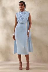Lysandria | Powder Blue High-Neck Midi Dress With Draped-Detailing