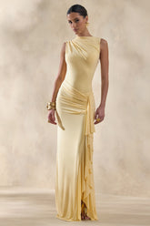 Helessia | Lemon Asymmetric-Neck Maxi Dress With Gathered-Detailing And Sash
