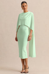 Luxalyn | Green Round-Neck Midi Dress With Cape-Detail