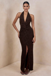Ocealla | Brown Plunge-Neck Maxi Dress With Gathered-Detailing