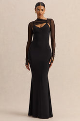 Coralia | Black Asymmetric-Neck Maxi Dress With Mesh Long-Sleeves