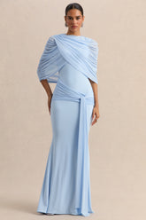 Mirene | Powder Blue Round-Neck Maxi-Dress With Gathered-Detailing And Sash
