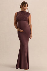 Osanna | Dark Brown Wide-Neck Maternity Maxi Dress With Ruched Detailing