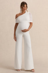Mariska | White Asymmetric-Neck Maternity Jumpsuit