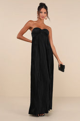 Whimsical Beauty Emerald Green Satin Plisse Strapless Maxi Dress