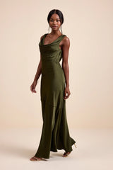 Aernah Wine Red Satin Cowl Tie-Back Slip Maxi Dress