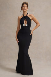 Raelynn | Black Halter-Neck Cut-Out Maxi Dress With Bow