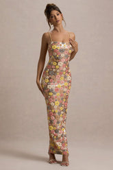 Vitora | Pastel Floral Print Embellished Sequin Square-Neck Maxi Dress