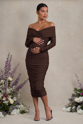 Davina | Brown Ruched Twist Bardot Maternity Midi Dress