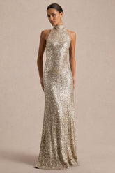 Tulia | Gold Sequin High-Neck Maxi Dress