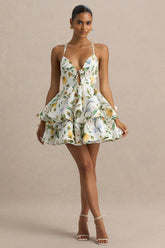 Flavia | Lemon Floral Print Plunge-Neck Ruffled Skater Micro-Mini Dress