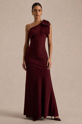 Josephine | Burgundy Matte Satin Asymmetric-Neck Maxi Dress With Bow Detail
