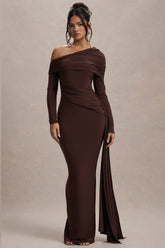 Valina | Brown Ruched Asymmetric Maxi Dress With Drape