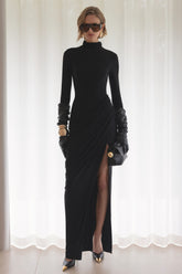 Betsy | Black High-Neck Maxi Dress With Front Split And Ruched Detailing
