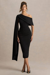 Leah | Black Asymmetric-Neck Midi Dress With Cape-Sleeve
