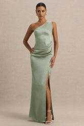 Beth | Sage Asymmetric Neckline High-Split Maxi Dress