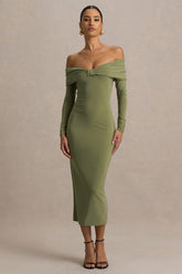 Spark | Olive Bardot-Neck Midi Dress With Bow Detail