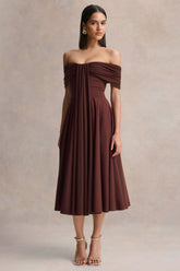 Dearest | Brown Bardot-Neck Midi Dress