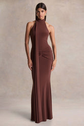 Hyla | Brown High-Neck Maxi Dress With Sash-Detail
