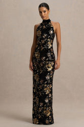 Tate | Black Velvet Halter-Neck Maxi Dress With Bronze Floral Sequin Embellishments