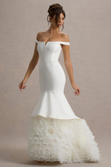The Greatest | White & Cream Bardot Maxi Dress With Tulle Skirt