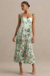 Peyton | Green Floral Print Satin Sweetheart-Neck Midi Dress With Pleated Details