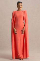 Mimi | Coral High-Neck Maxi Dress With Cape Sleeve Detail