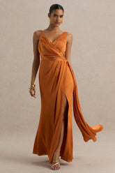 Livia | Orange Plunge-Neck Fishtail Maxi Dress