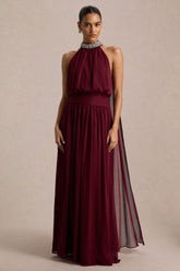 Marie | Burgundy Halter-Neck Maxi Dress With Embellished Detailing