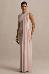 Brenda | Champagne Crew-Neck Maxi Dress With Mesh Cape And Sash