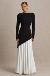 Caty | Black And White Long-Sleeved Maxi Dress With Asymmetric Drop-Waist