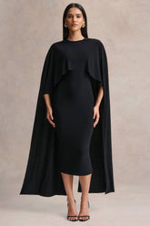 Kalani | Black Crew-Neck Midi Dress With Cape-Sleeves
