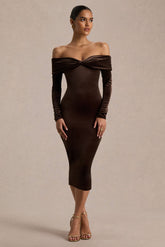 Compliment | Brown Velvet Bardot Midi Dress