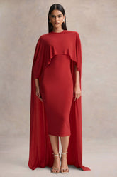 Kalani | Red Crew-Neck Midi Dress With Cape-Sleeves