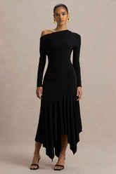 Isola | Black Asymmetric-Neck Midi Dress With Hanky-Hem