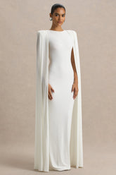 Mimi | White Slashed-Neck Maxi Dress With Cape Sleeve Detail