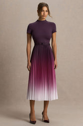 Libby | Burgundy Ombre Woven High-Neck Midi Dress With Pleated Detailing
