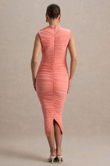 Shellie | Coral High-Neck Maternity Midi Dress With Corsage Detail