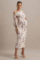 Katarine | Peach Floral Print Asymmetric Knot Maternity Midi Dress